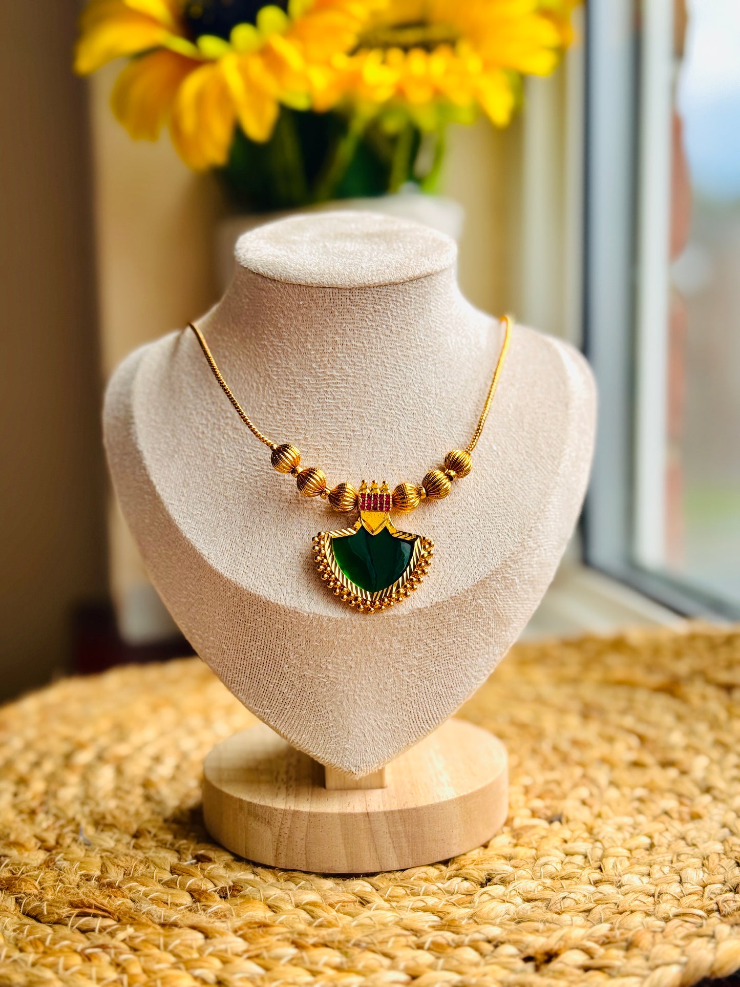 Emerald Shield Pendant Long Gold Chain Necklace