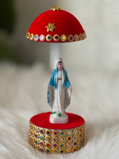 14 cm -Our Lady of Grace Statue with Red Velvet Jewelled Canopy & Crystal Base