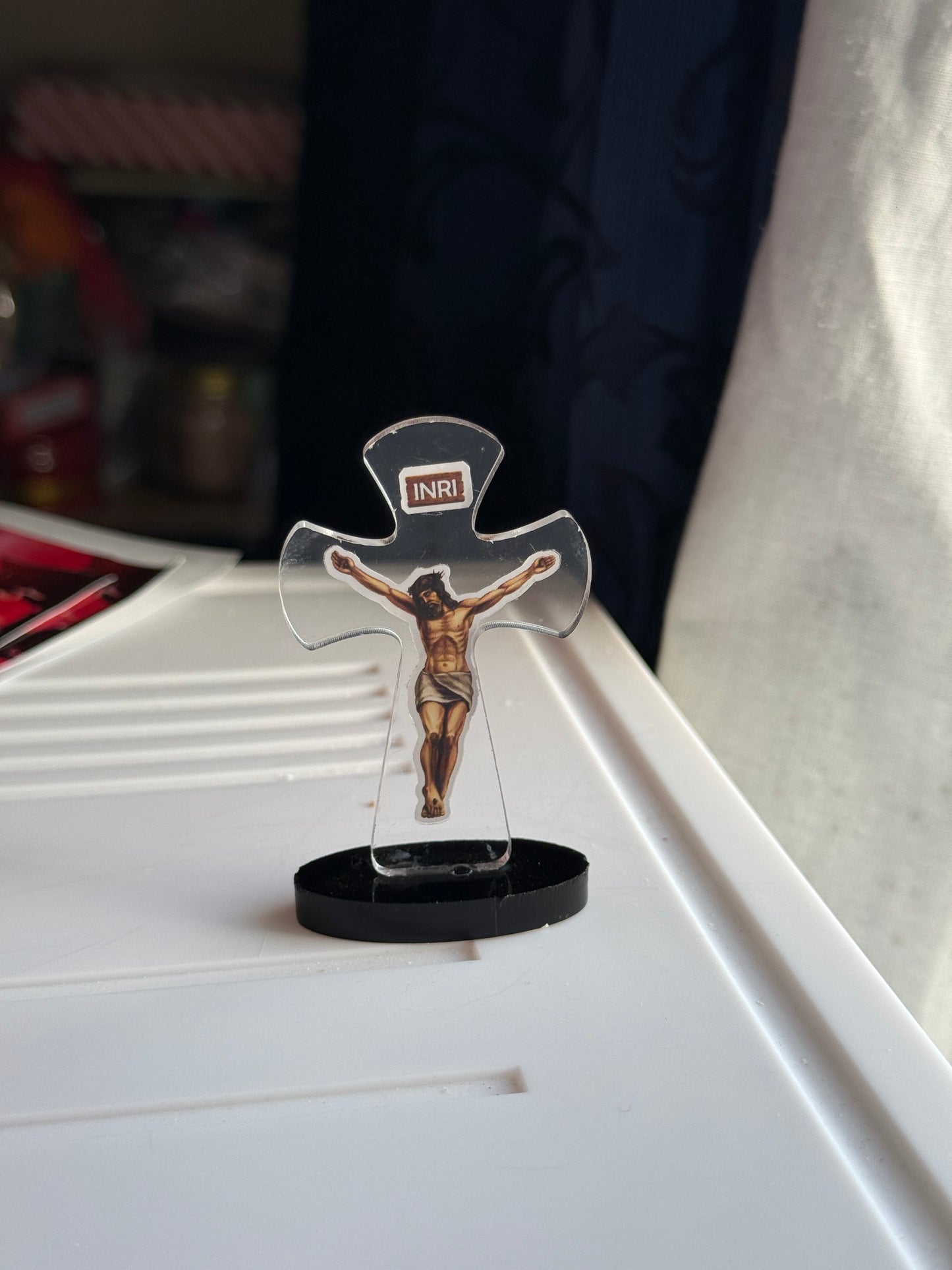 Clear Acrylic Jesus Crucifix Standing Statue — Car Dashboard & Tabletop