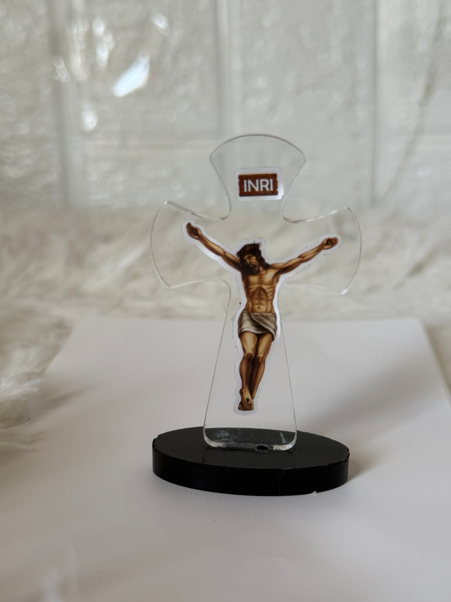Clear Acrylic Jesus Crucifix Standing Statue — Car Dashboard & Tabletop