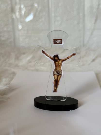 Clear Acrylic Jesus Crucifix Standing Statue — Car Dashboard & Tabletop