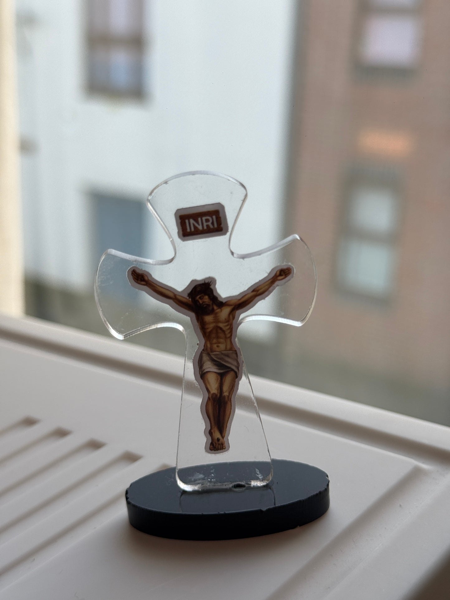 Clear Acrylic Jesus Crucifix Standing Statue — Car Dashboard & Tabletop