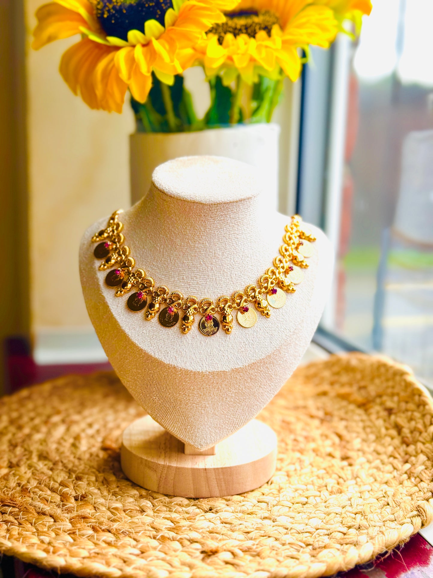 Gold Coin Charm Necklace with Pink Crystals