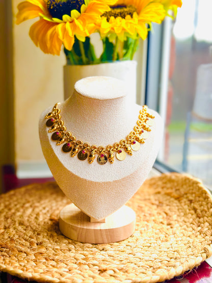 Gold Coin Charm Necklace with Pink Crystals