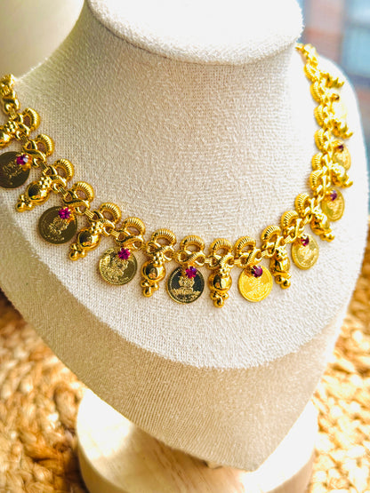 Gold Coin Charm Necklace with Pink Crystals