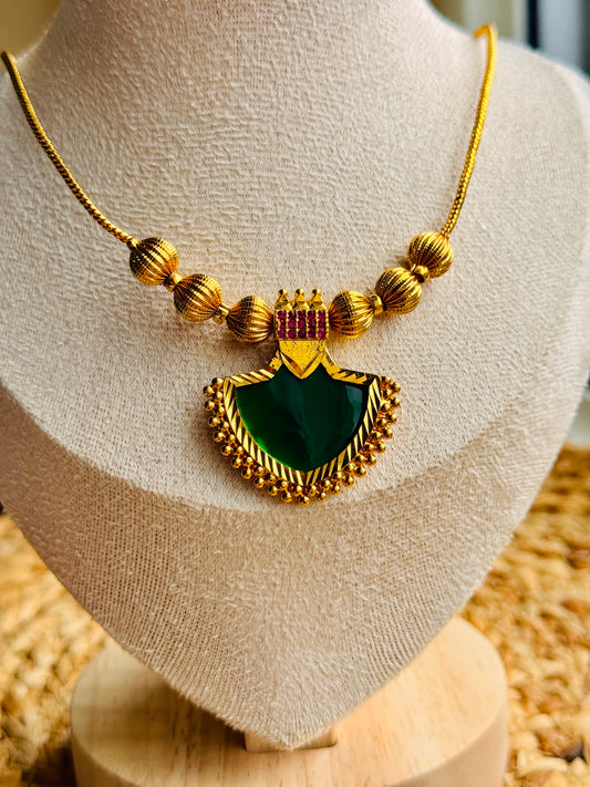 Emerald Shield Pendant Long Gold Chain Necklace