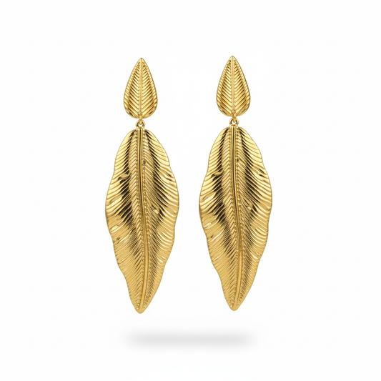 Clean White - Gold Feather Leaf Drop Earrings