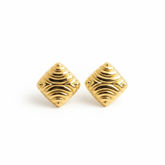 Clean White - Gold Wave Square Stud Earrings