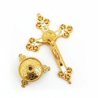 Gold Saint Benedict Crucifix - Flat Lay