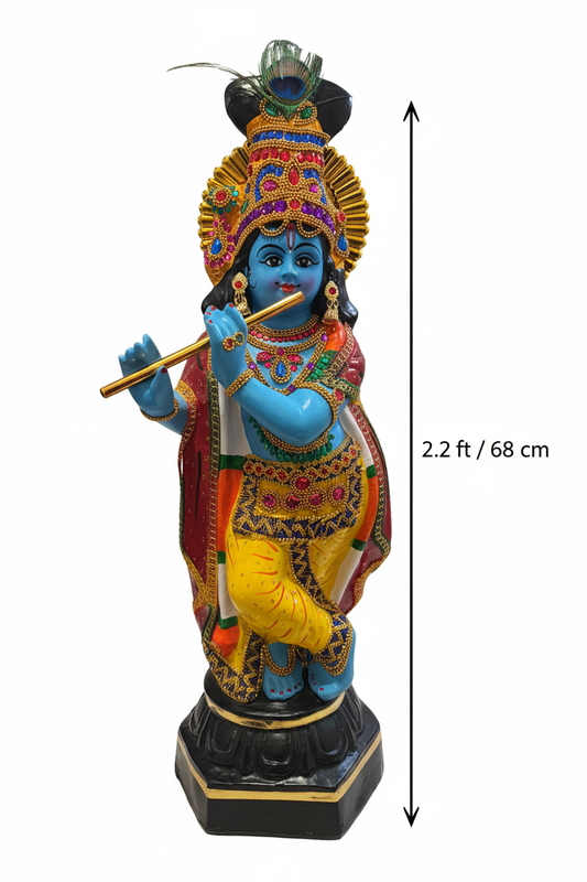2.2ft / 68cm blue Lord Krishna statue playing flute on black hexagonal base, white background with height measurement