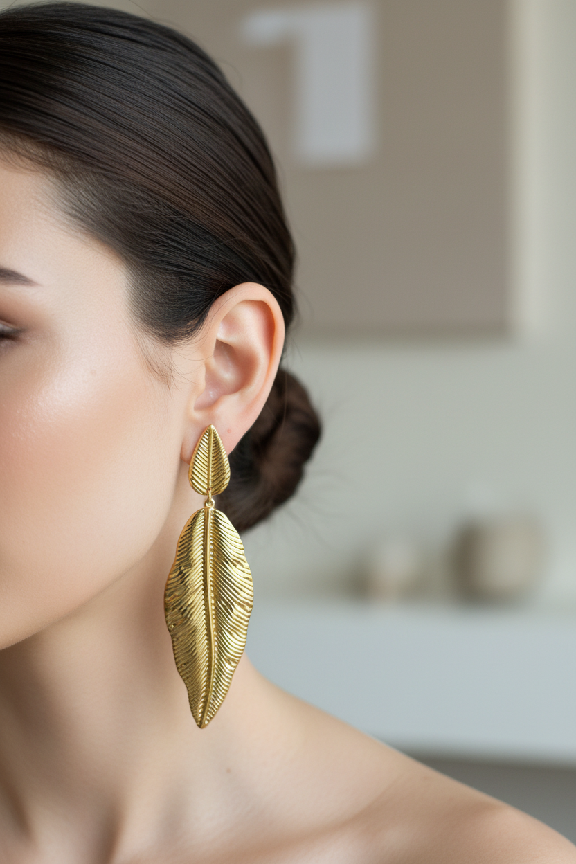 Lifestyle - Gold Feather Leaf Drop Earrings