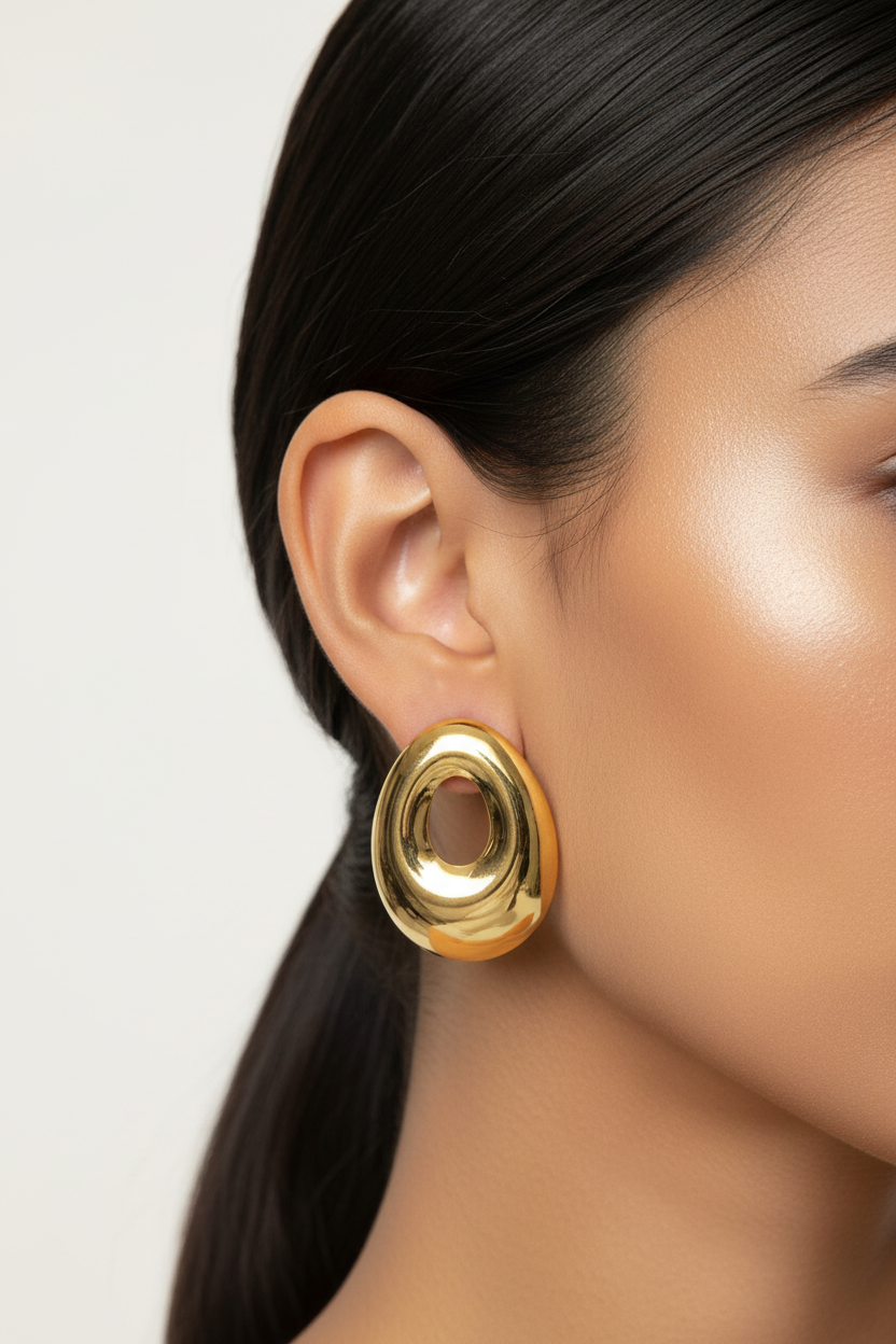 Lifestyle - Gold Open Oval Hoop Studs Bright