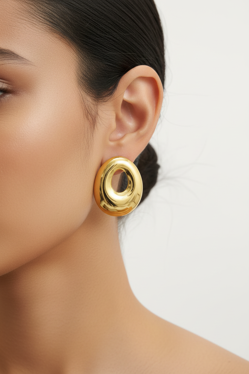 Lifestyle - Gold Open Oval Hoop Studs with visible gap