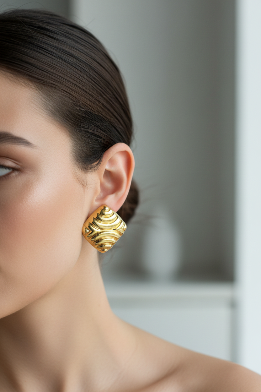 Lifestyle - Gold Wave Square Stud Earrings