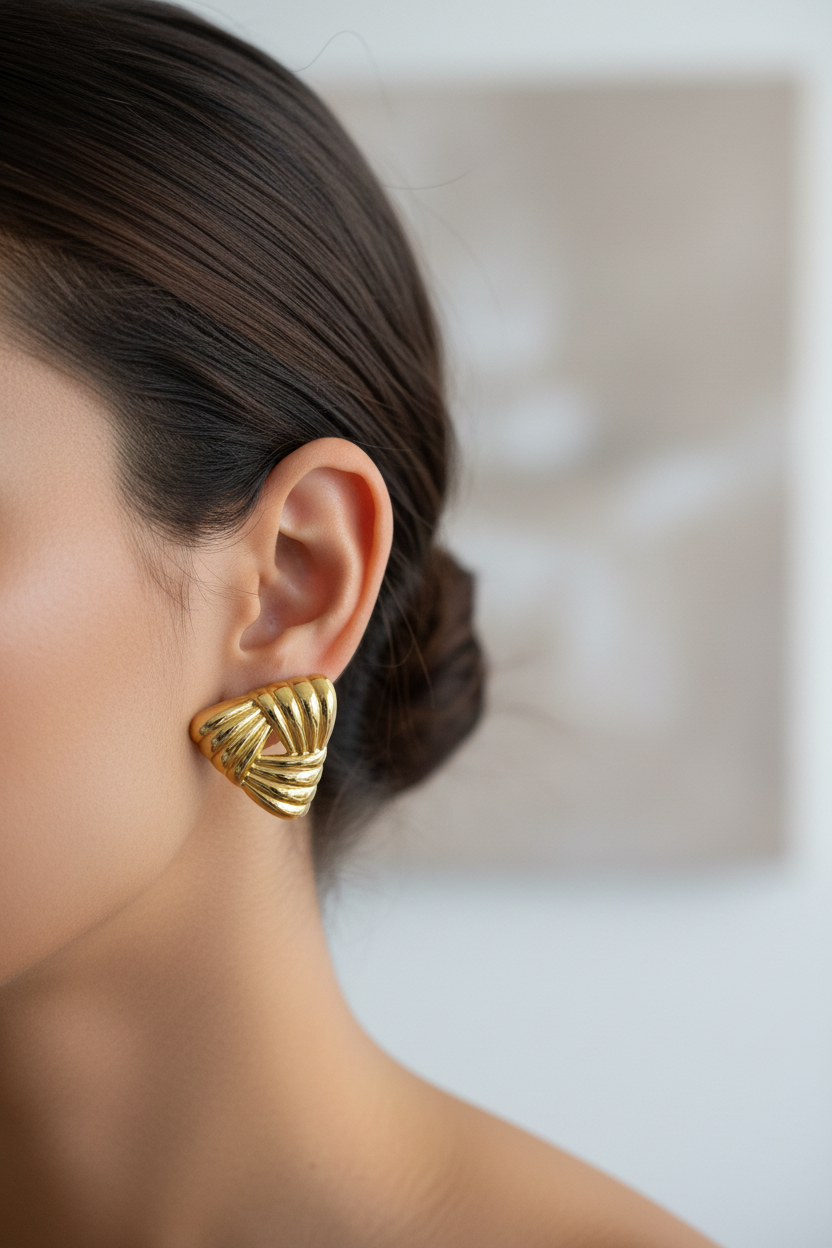Lifestyle - Gold Woven Knot Triangle Stud Earrings