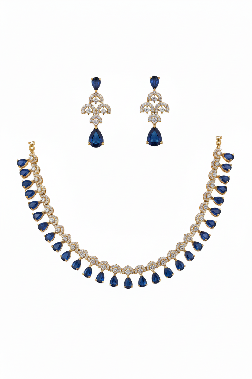 Portrait close-up with blue sapphire jewellery set