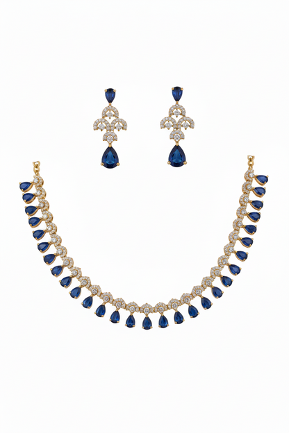 Portrait close-up with blue sapphire jewellery set