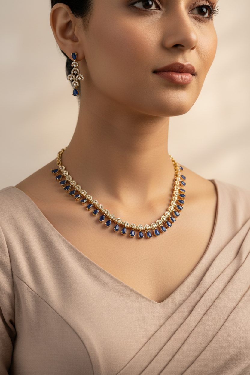 Portrait close-up with blue sapphire jewellery set