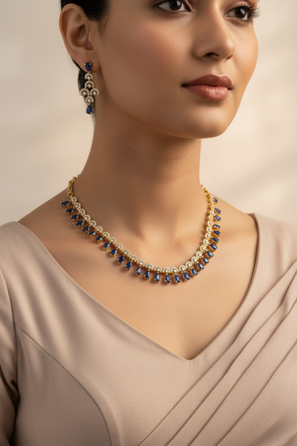 Portrait close-up with blue sapphire jewellery set