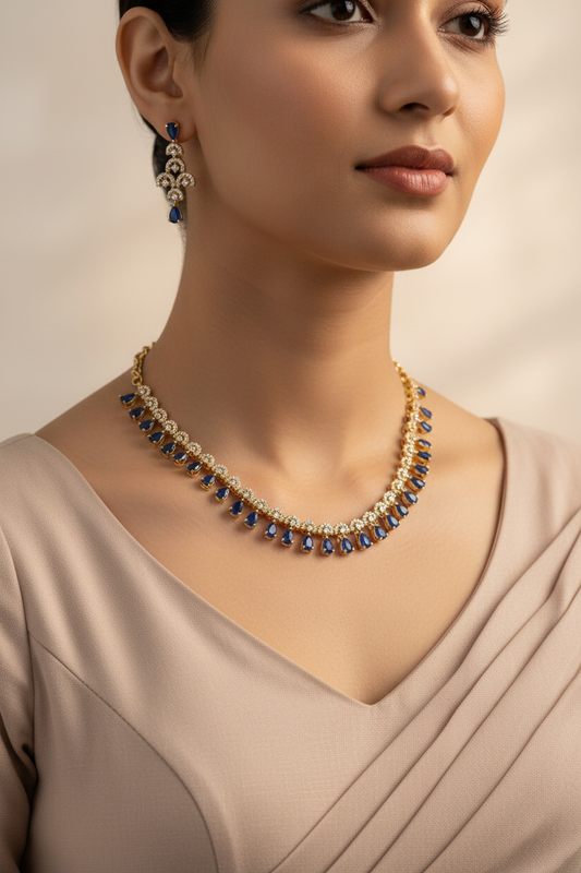 Portrait close-up with blue sapphire jewellery set