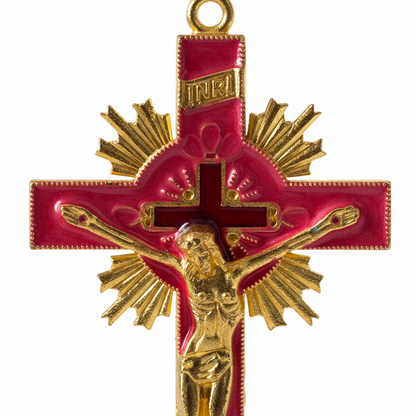 Red Enamel Crucifix - Corpus Close-up