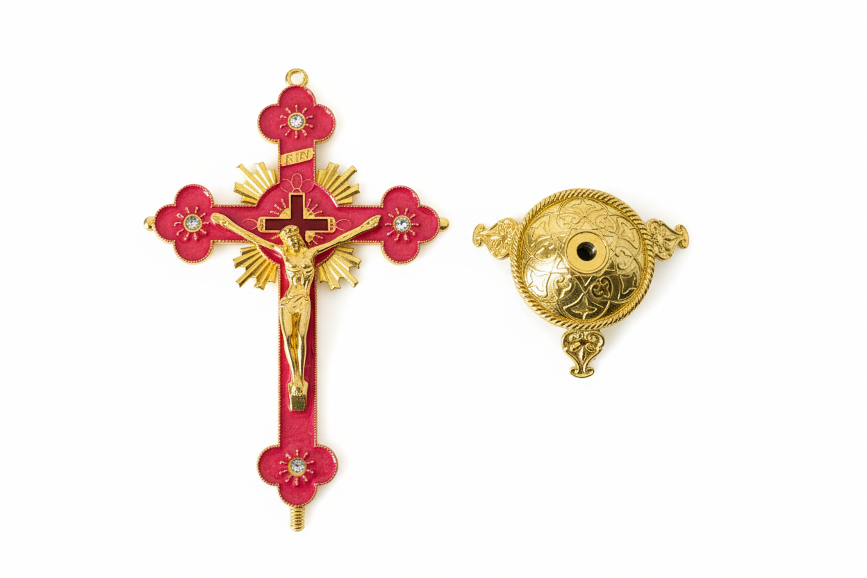 Red Enamel Crucifix - Flat Lay with Base