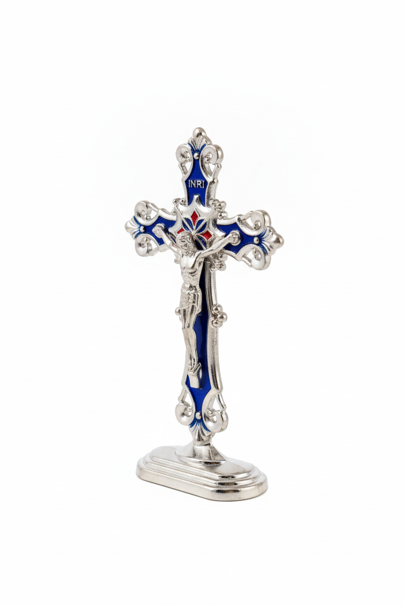 Silver Blue Enamel Crucifix - Angled