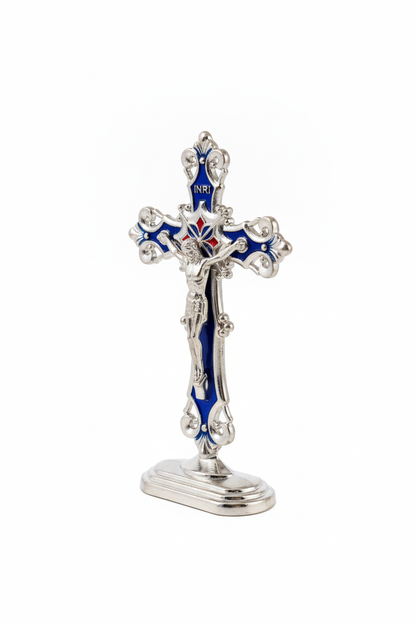 Silver Blue Enamel Crucifix - Angled