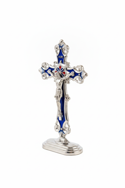 Silver Blue Enamel Crucifix - Angled