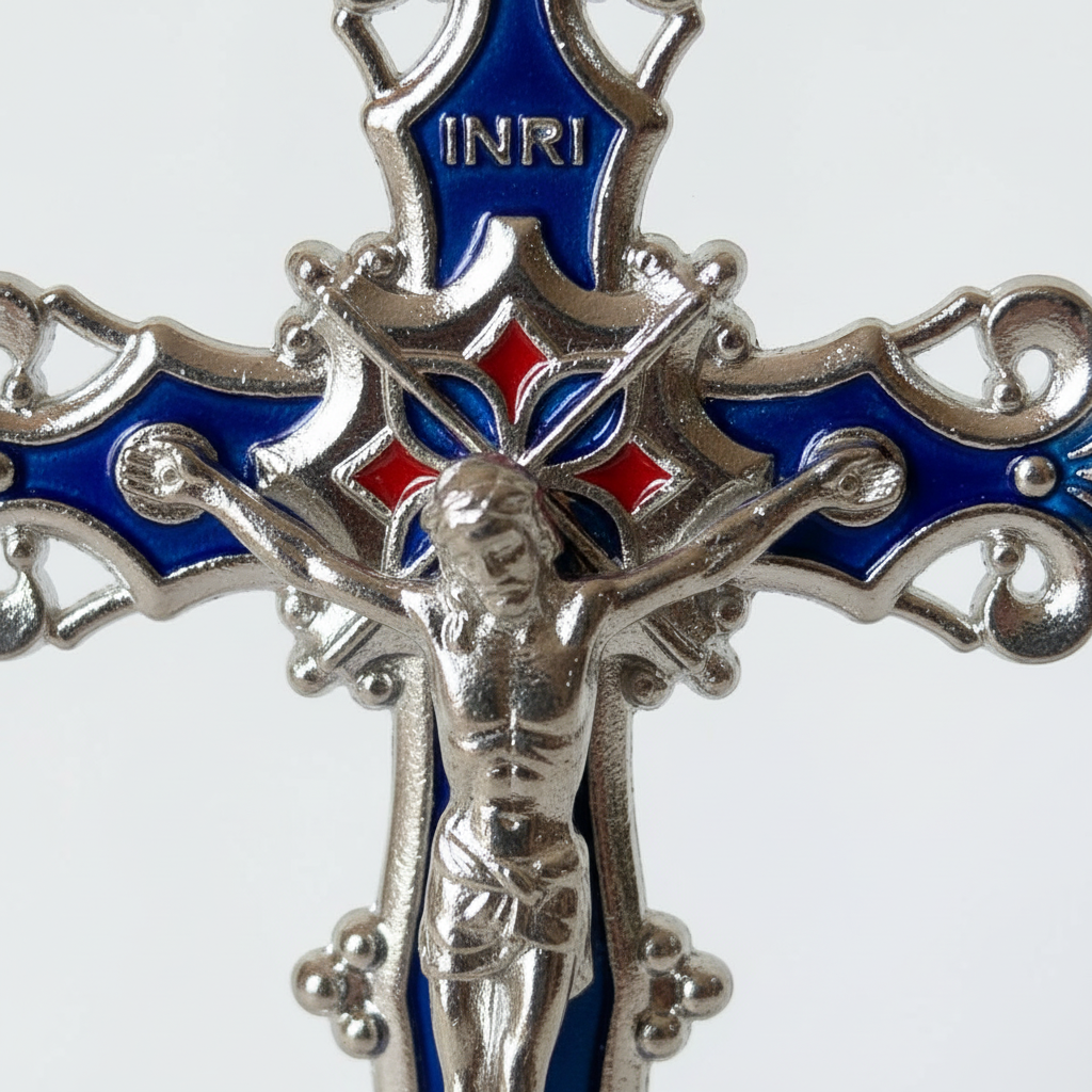 Silver Blue Enamel Crucifix - Centre Close-up