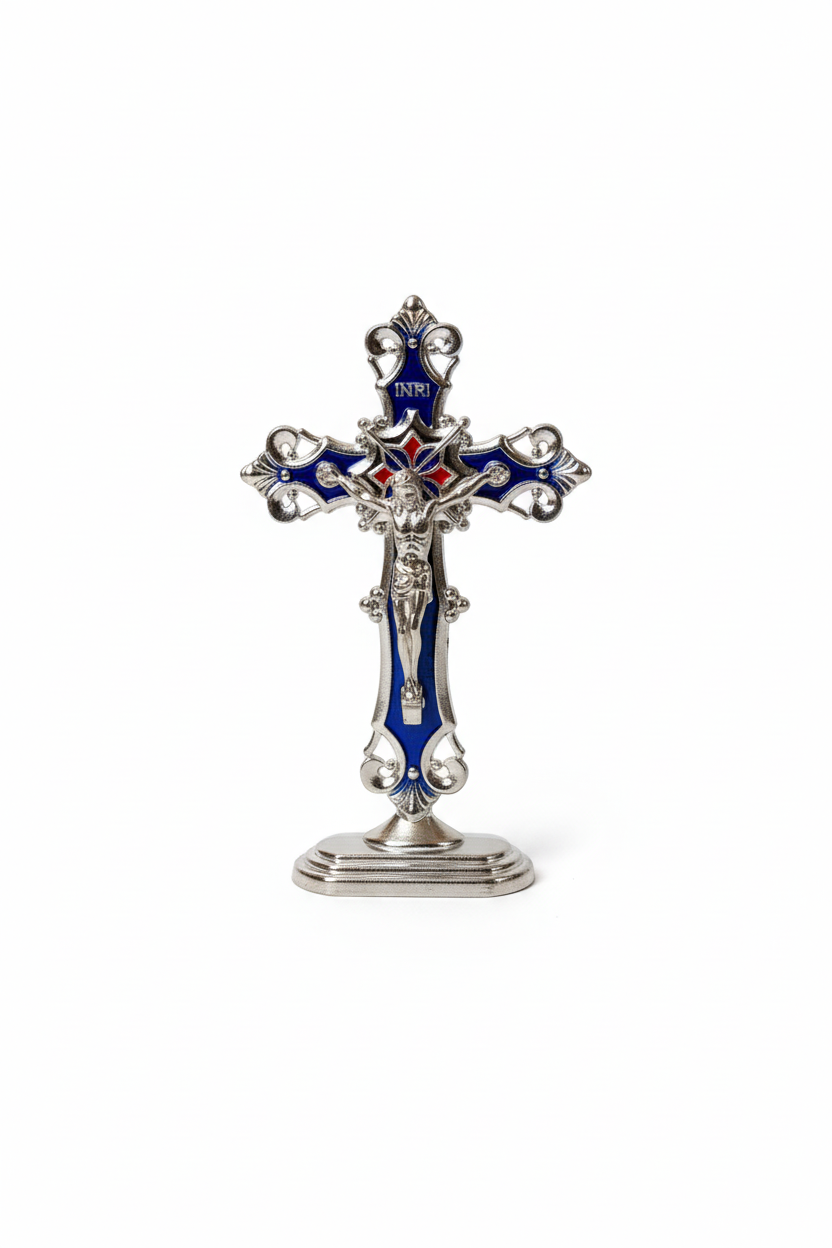 Silver Blue Enamel Crucifix - Front