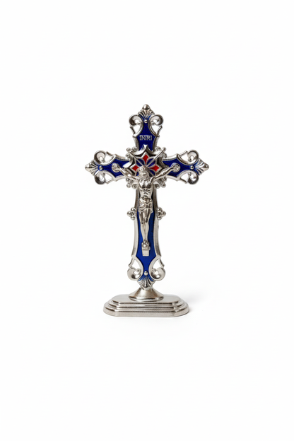 Silver Blue Enamel Crucifix - Front