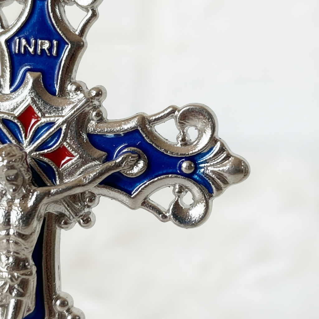 Silver Blue Enamel Crucifix - Terminal Close-up