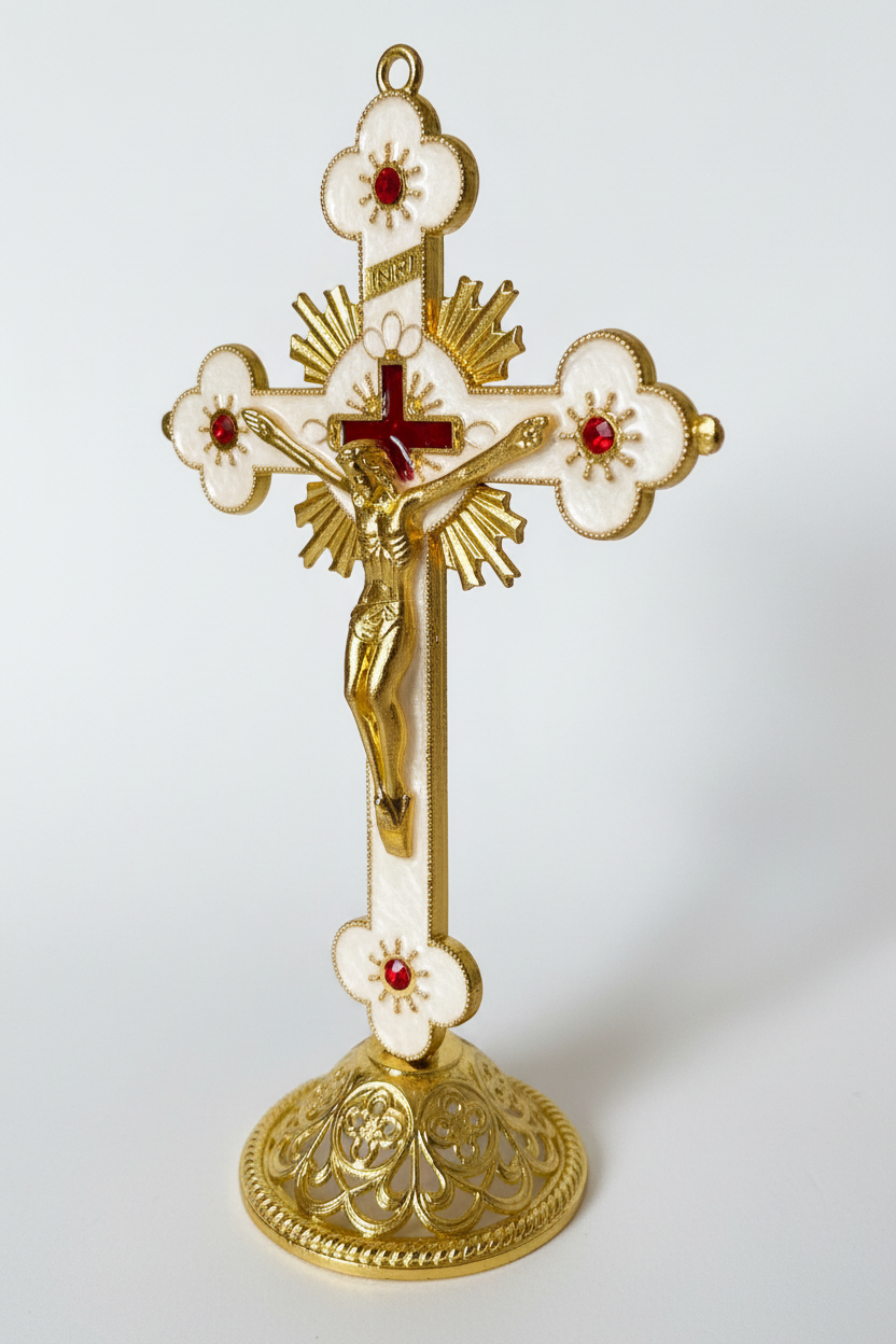 White Enamel Gold Crucifix - Angled