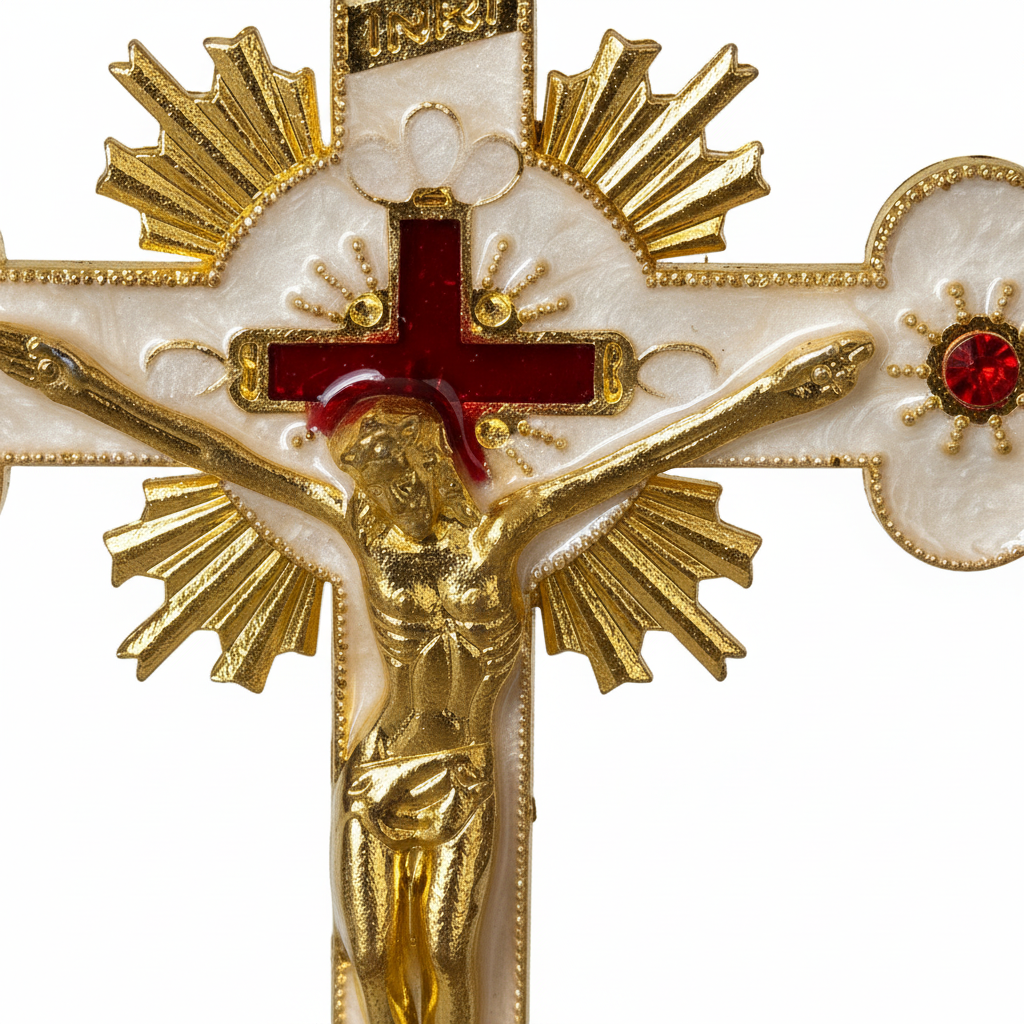 White Enamel Gold Crucifix - Centre Close-up