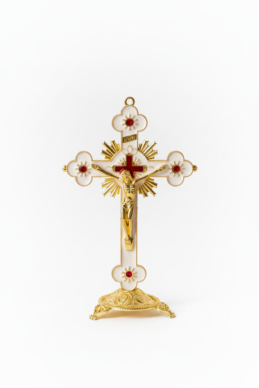 White Enamel Gold Crucifix - Front
