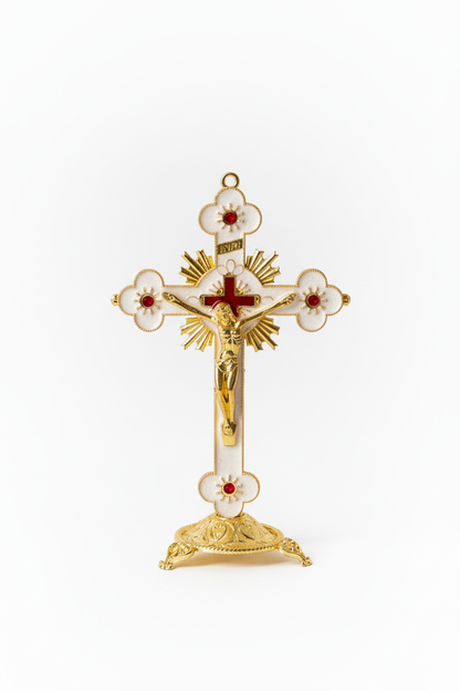 White Enamel Gold Crucifix - Front